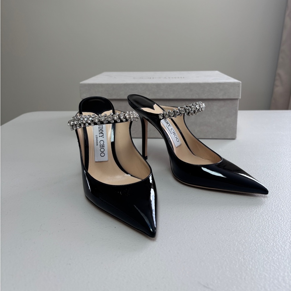 Jimmy Choo Bing 100 Embellished Black Patent Leather Mules Size 36